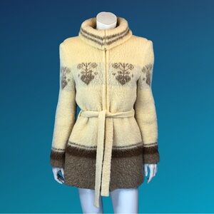 70s ICELANDIC WOOL Zip Front Belted Knit Coat / S M